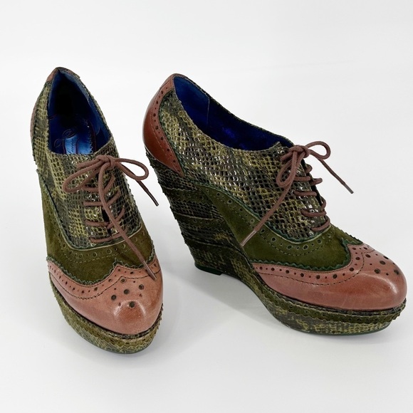 Poetic Licence "Wild Safari" Oxford Saddle Bootie Green & Brown Wedge - Picture 1 of 7